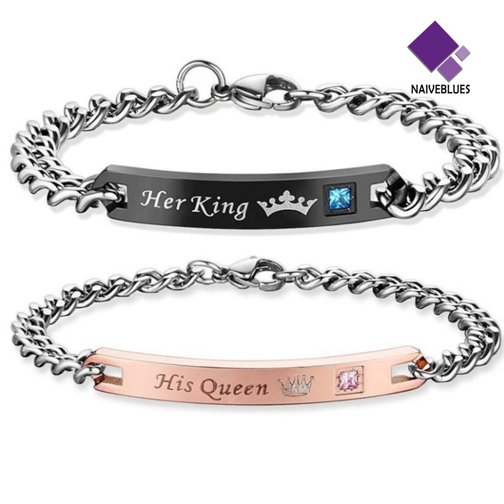 Naiveblue Gelang Tangan Rantai Baja Motif Tulisan His Queen / Her King Untuk Pasangan / Pria / Wanita