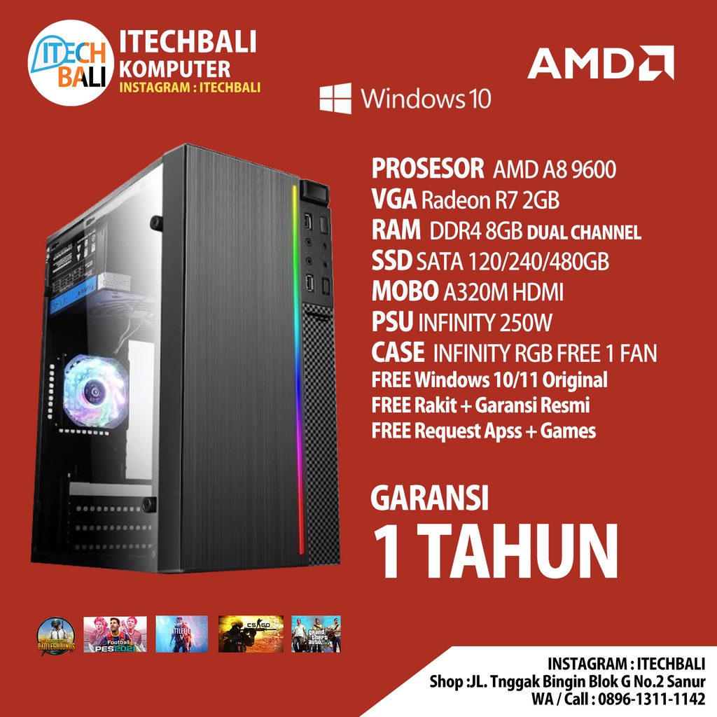 RAKITAN PC AMD A8-9600 / RADEON R7 SERIES / 250W PC Gaming Murah Terbaik