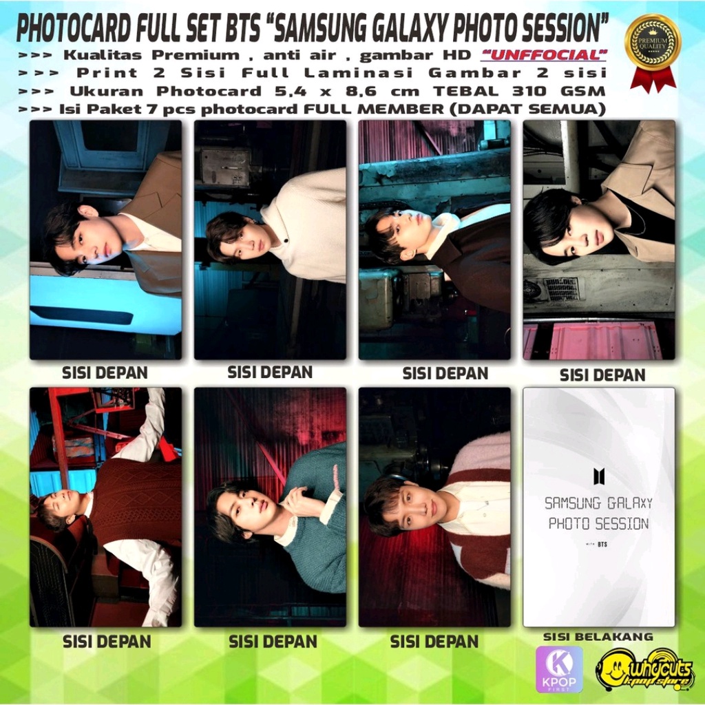 PHOTOCARD FULL SET PREMIUM BTS / SAMSUNG GALAXY PHOTO SESSION  / LOTTE XLITOL / PRINT 2 SISI FULL LAMINASI GLOSSY