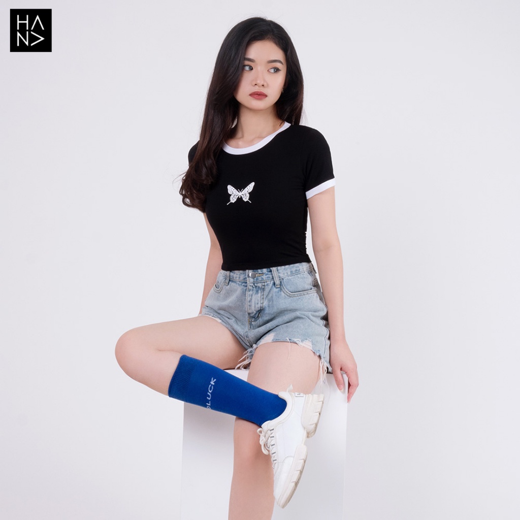 HanaFashion JKT - Butterfly Crop Top Kaos Lengan Pendek Wanita - CT061