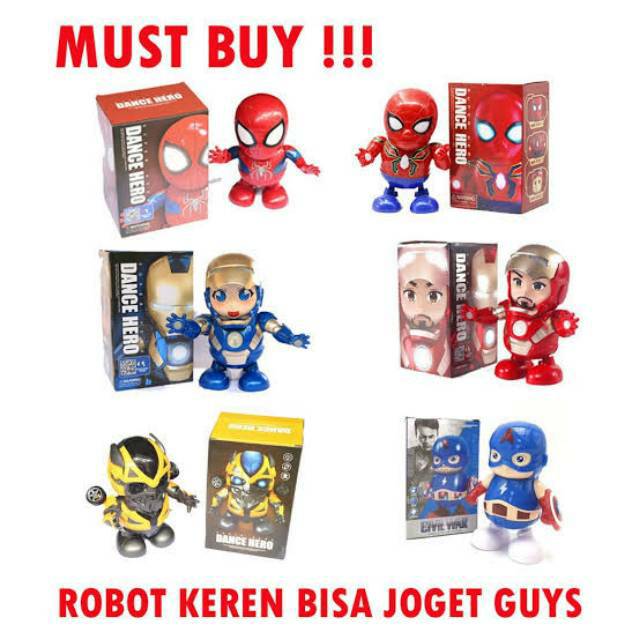 Mainan Dance Hero Music Robot Joget Lampu LED Bumblebee Spiderman Ironman Makassar