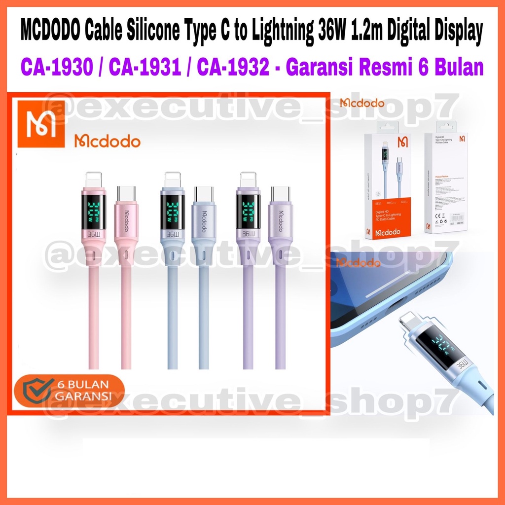 MCDODO Cable Silicone Type C to Lightning 361 1.2m Digital Display CA-1930 / CA-1931 / CA-1932 - Garansi Resmi 6 Bulan