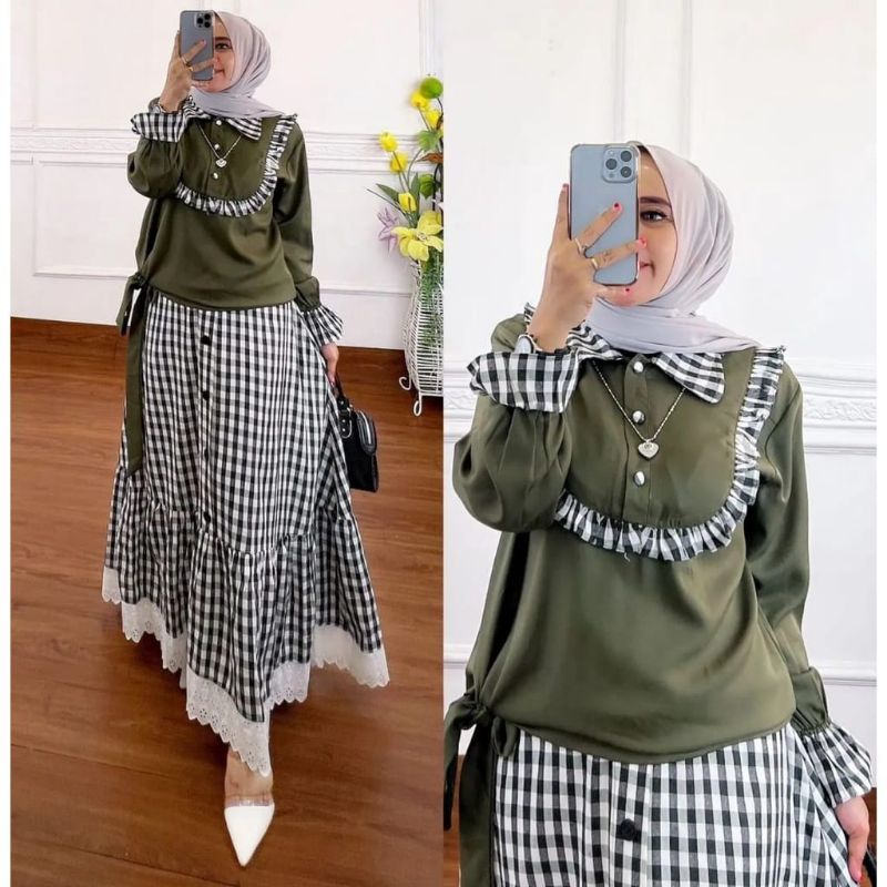 Fashion Muslim Wanita Remaja Set 2in1 Rok Kayra Kotak Trend Kekinian 2022 2023 Pakaian Muslim Casual