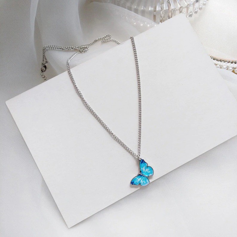 Kalung Rantai Silver Liontin Kupu Warna Biru Aesthetic /Aksesoris kalung Korea Butterfly