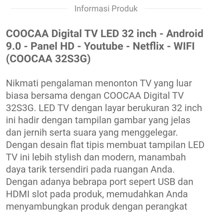 COOCAA TV LED ANDROID 32 inch - Youtube - Netflix - WIFI (COOCAA 32S3G)