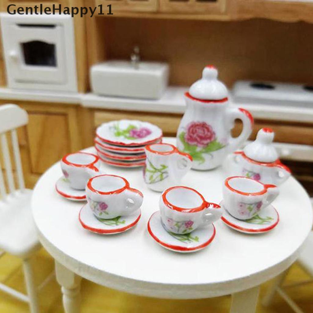 Gentlehappy 15Pcs / set Miniatur Peralatan Makan / Minum Teh Bahan Keramik Porselen Untuk Rumah Boneka 1: 12