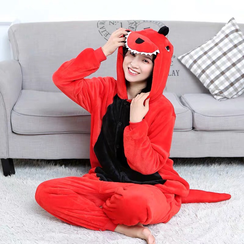 BAJU ONESIE DINOSAURUS DINO MERAH PIYAMA KOSTUM COSPLAY