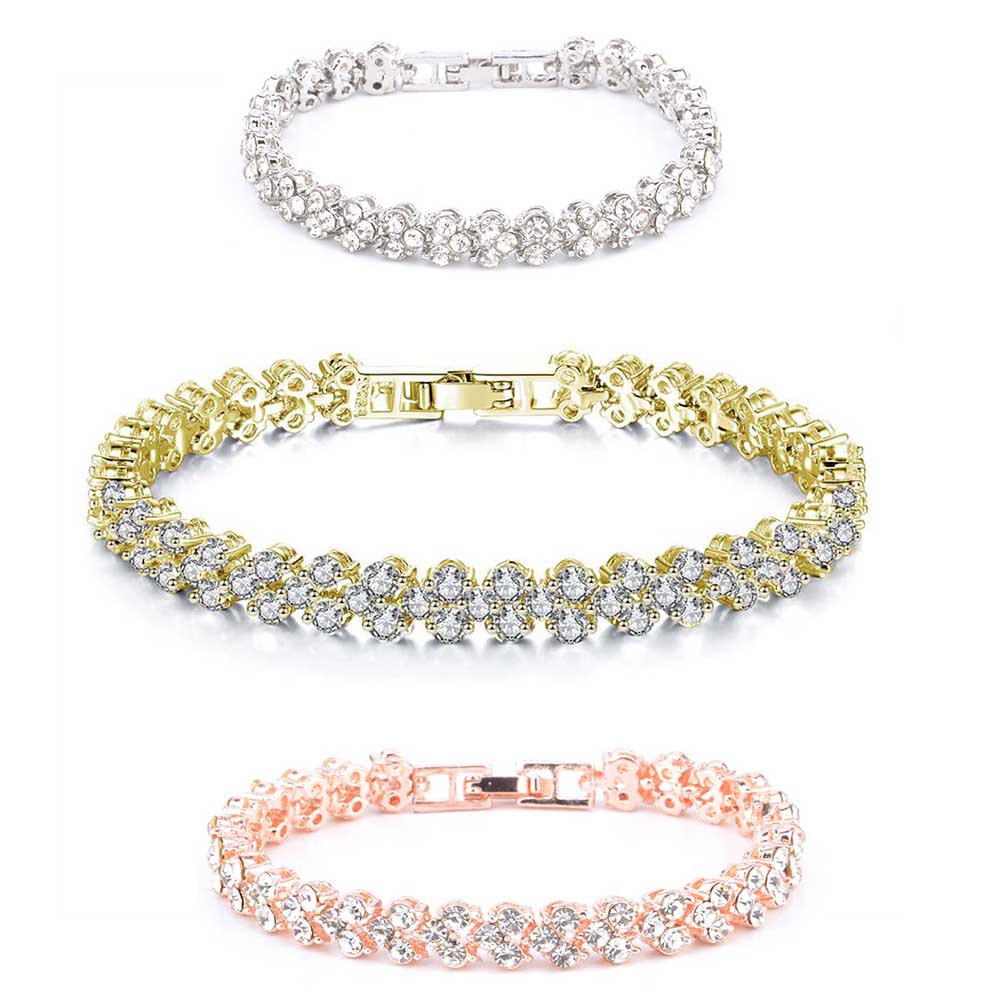 Fancyqube Fashion Gaya Romawi Wanita 925 Perak Berkilau Kristal Gelang Berlian Hadiah