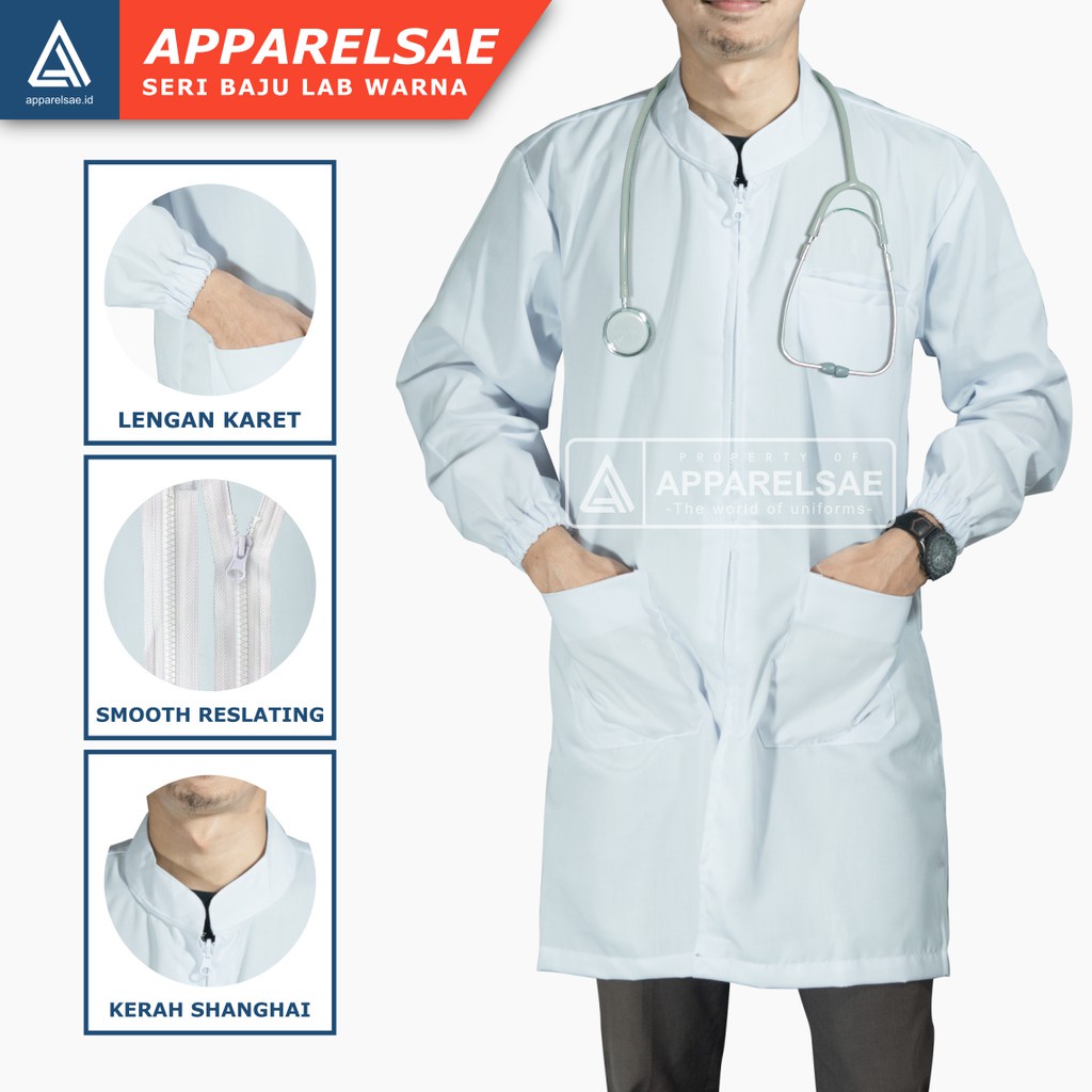 JAS LAB /JAS LABORATORIUM KATUN LEMBUT & TEBAL BAJU DOKTER LENGAN KARET WARNA PUTIH + BORDIR LOGO