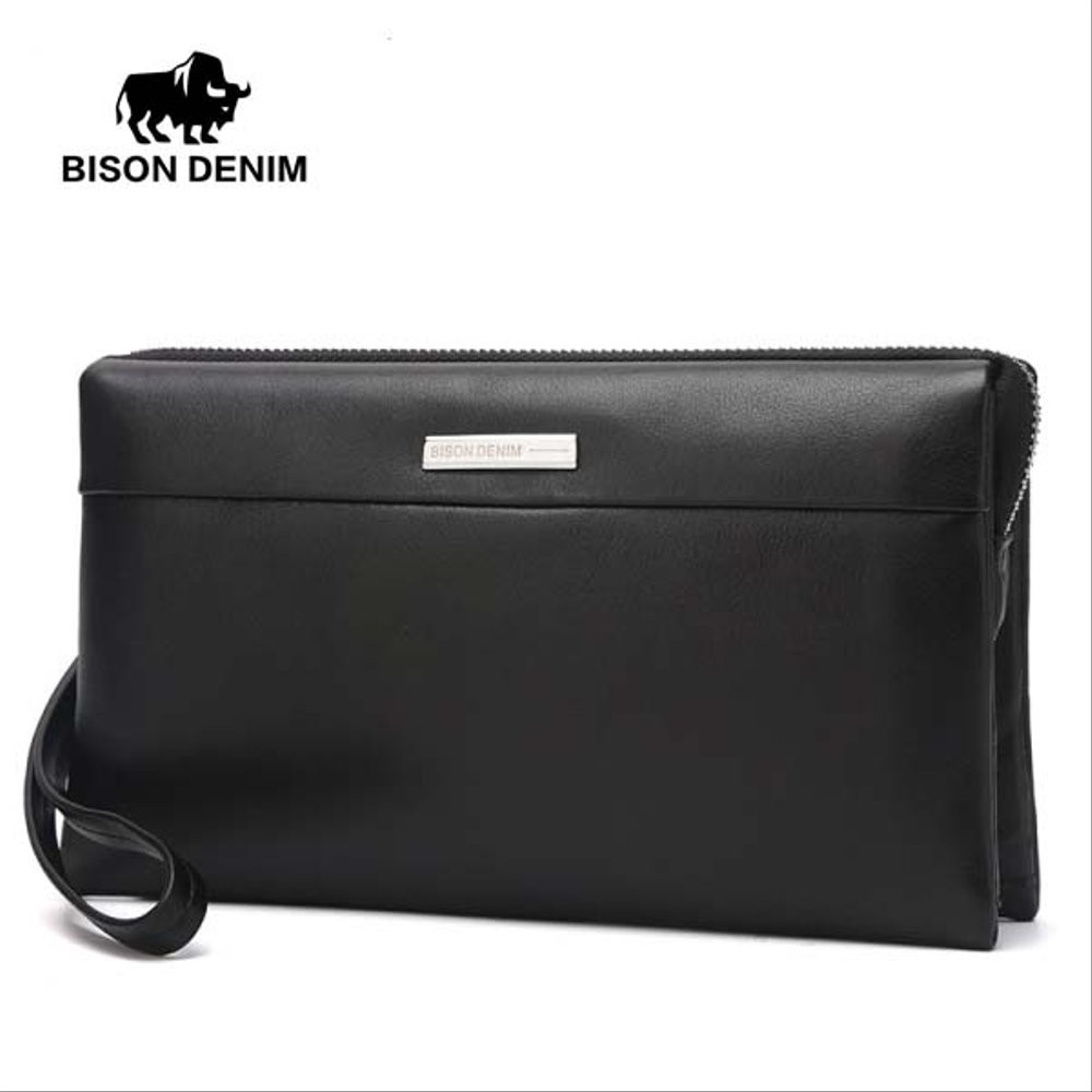 Bison Denim-Handbag Pria Kulit Sapi Asli Clutch Bag Mewah BISON N8009-2B Berkualitas