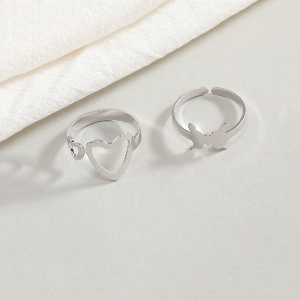 2pcs / Set Cincin Model Terbuka Bahan Metal Lapis Silver Desain Kupu-Kupu / Hati Adjustable Untuk Wanita