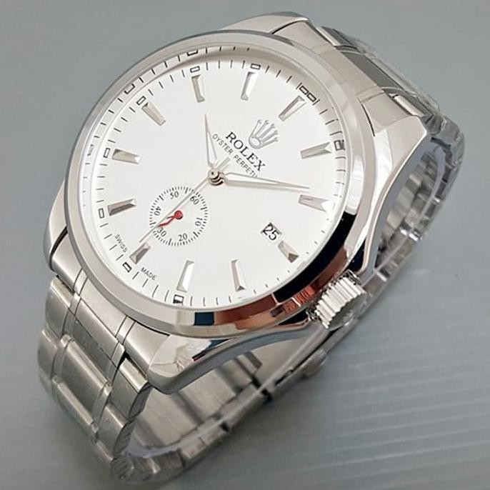 Diskon Jam Tangan Pria / Cowok Rolex Automatic Big Size Rantai Silver White Terbaru