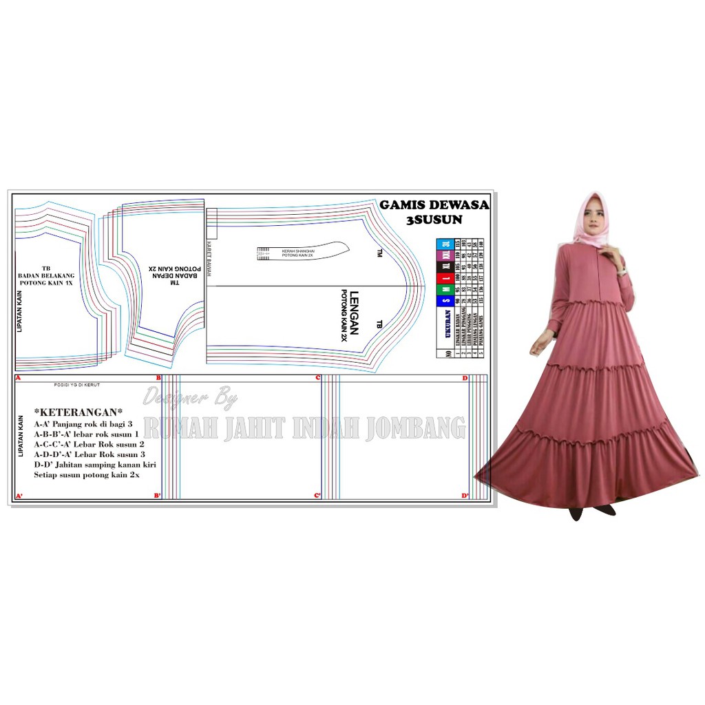 Pola Gamis dewasa 3 susun pola jiplak gamis