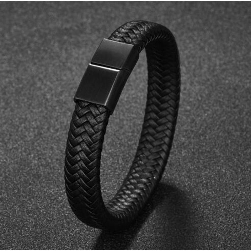 Gelang Bahan Kulit Warna Hitam Ukuran 18.5 / 22 / 20.5cm Untuk Pria