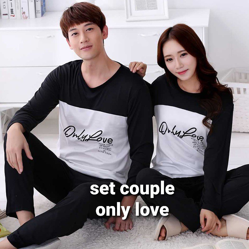 2 SET BAJU TIDUR COUPLE IMPORT / SETELAN PIYAMA PASANGAN CELANA PANJANG LENGAN PANJANG ALA KOREA