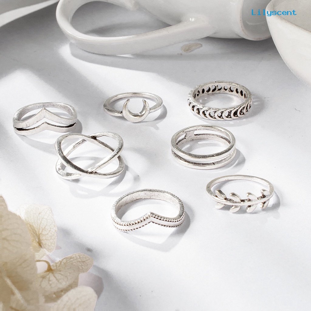 Lc 7Pcs / Set Cincin Jari Electroplate Motif Salib / Bulan / Daun Bahan Alloy Untuk Wanita / Pesta