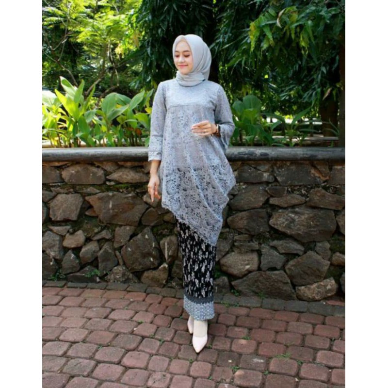 Setelan kebaya aisyah miring / kebaya brokat menceng / silver / mocca / gold / maroon / dusty /navy