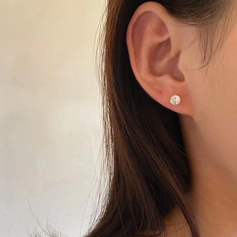 Anting Titanium Berlian Satu Mata Mewah Emas 14K Anti Karat Aksesoris Wanita Korea