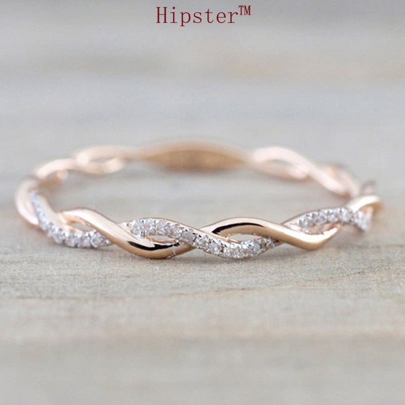 Simple and Versatile Fashion Diamond-Embedded Wave Pattern Fine Rose Golden Ring