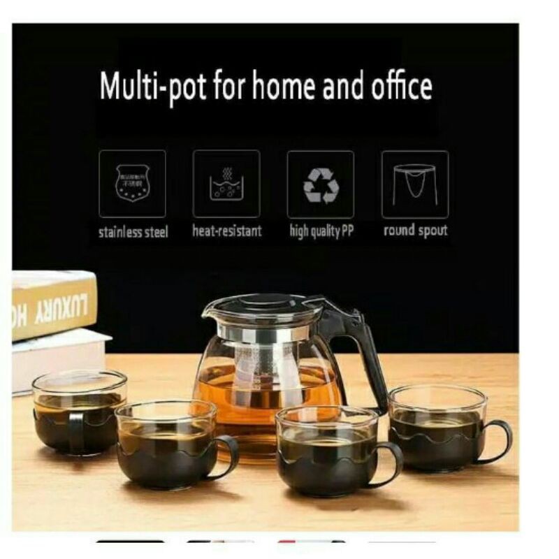 Teko kaca dengan saringan stainless+set 5 in 1 tea pot
