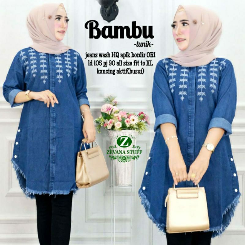 fashion wanita terbaru 2022 baju atasan tunik jeans denim bordir bambu perempuan dewasa