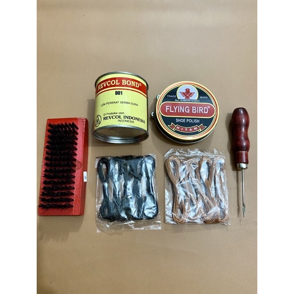 Paket Murah Alat Jahit Sepat Jarum + Tali Benang Coklat Hitam + Lem + Sikat Semir + Shoe Polish