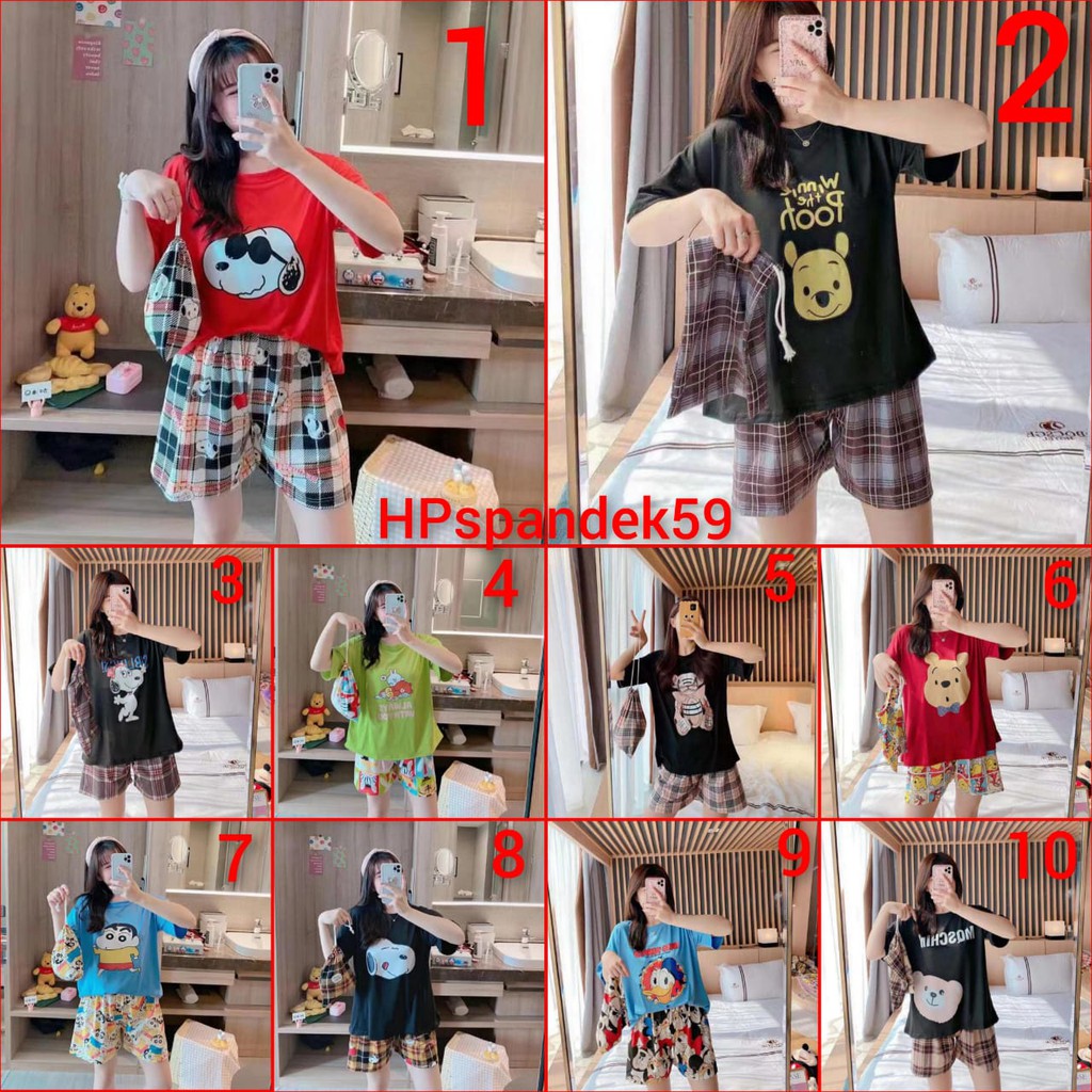 Baju tidur lengan pendek celana pendek bahan spandek import,ada tas serutnya HPspandek59