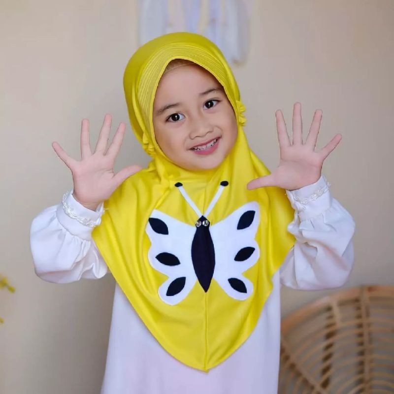 kerudung Devia Morif Kupu Kupu anak instant Premium 3th - 6 tahun terbaru | jilbab lucu bayi Perempuan sekolah tk 4 - 5 thn | hijab Tanggung baby sd bahan jersey lembut adem