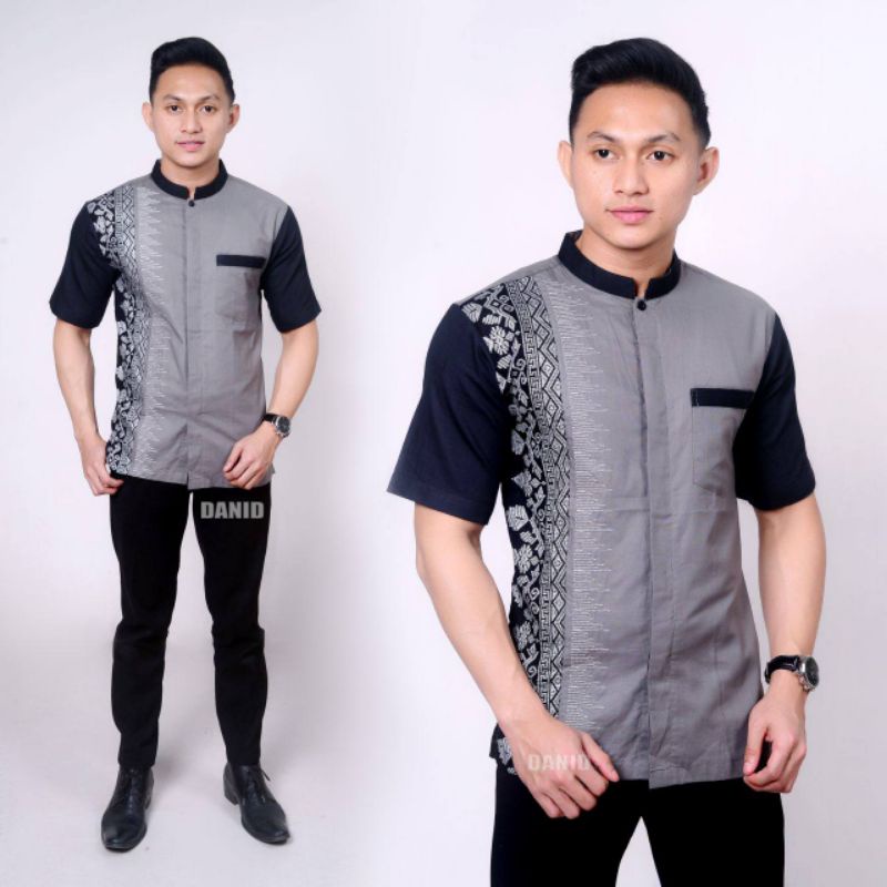 Baju Koko Dewasa Lengan Pendek Kombinasi Batik Pria