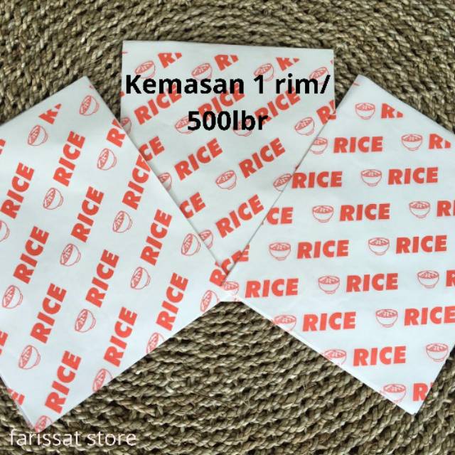 

Kertas nasi logo rice 27 x 22 LOGO RICE MERAH, KFC,KEBAB, PAPER WRAP LAMINASI kemasan 1 rim