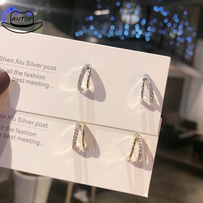 925 Sterling Silver Anting Kecil Fashion Wanita Tindik Setengah Lingkaran Berkedip Berbentuk Cshaped ANTOP