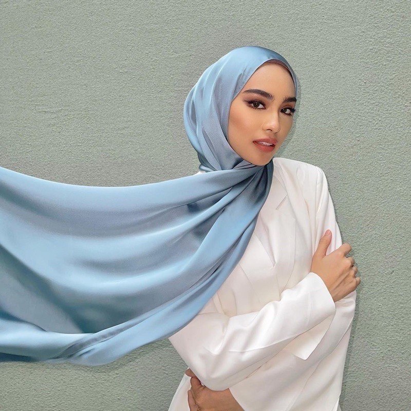 PASHMINA MALAY SILK SHAWL | PASHMINA CRINKLE TEXTURED SILK PREMIUM (Light Denim)