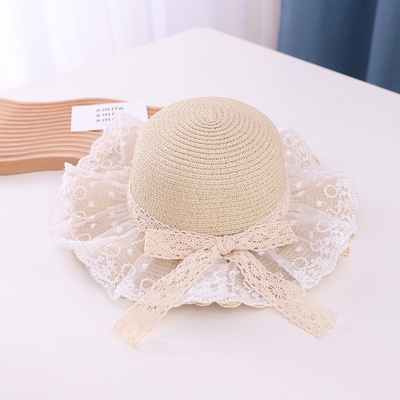 Sun Hat Anak Topi Pantai Perempuan Girls Summer Panama Straw Hat Pita Renda dan Tali 2 5 9 Tahun