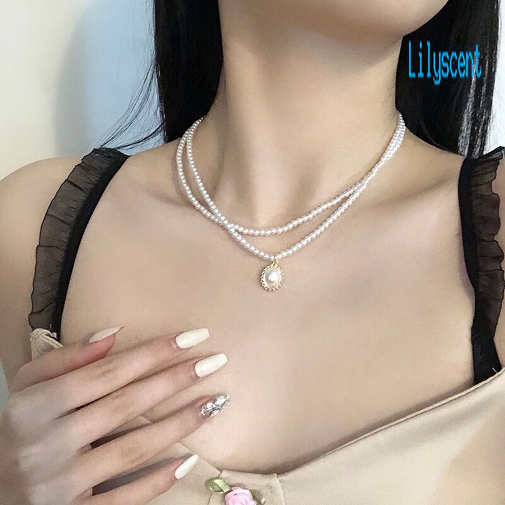 Kalung Choker Rantai Klavikula Mutiara Tiruan Lapisan Ganda Dapat Disesuaikan Gaya Retro Untuk Pesta Pernikahan