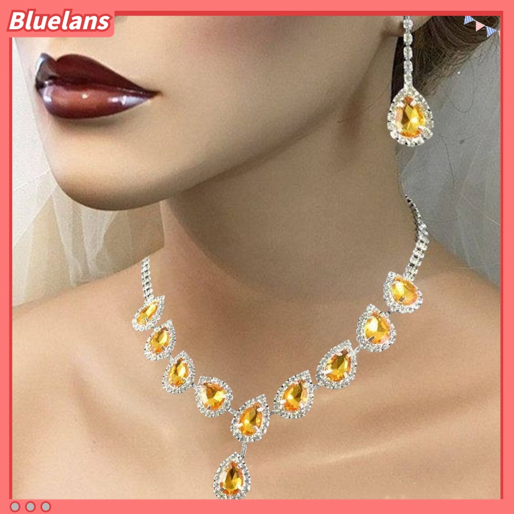 1 Set Kalung Anting Berlian Imitasi Bentuk Tetesan Air Untuk Wanita