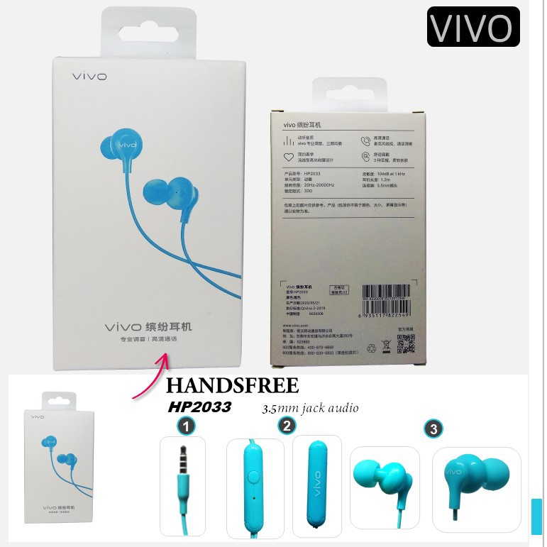 [RO ACC]  HP2033 HEADSET VIVO ORIGINAL JACK 3.5MM UNIVERSAL ALL TIPE HP