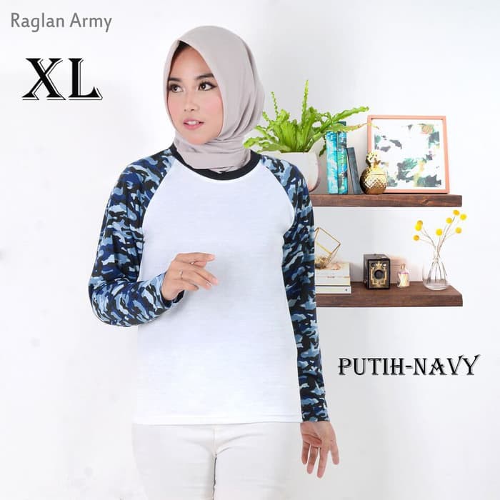 BAJU ATASAN KAOS T-SHIRT LENGAN PANJANG MURAH WANITA RAGLAN ARMY PJ - PUTIH NAVY, L