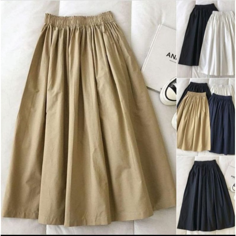PROMO!![BISA COD] Jacklyn Skirt/ Rok Wanita/ Rok Polos Linen/Rok Panjang Wanita/Bawahan Wanita/Fashion Cewek/Pinggang Karet/Rok Cewek/Best Seller/Rok Panjang-2