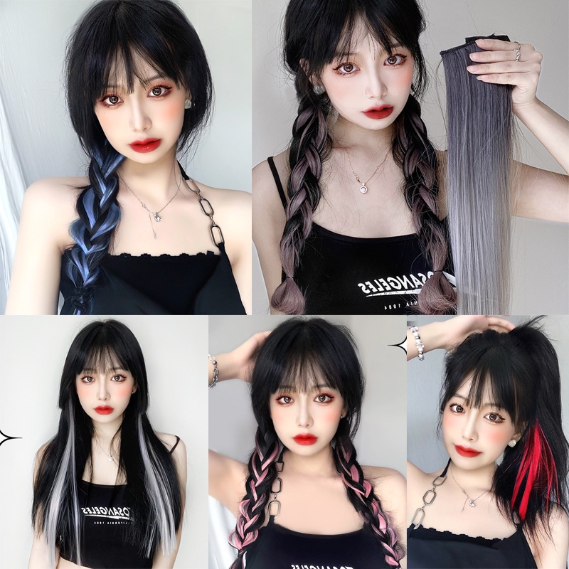 Roselife 1PC Wig / Rambut Palsu Extension Model Lurus Panjang 50cm Warna Gradasi Tahan Panas Dengan Klip