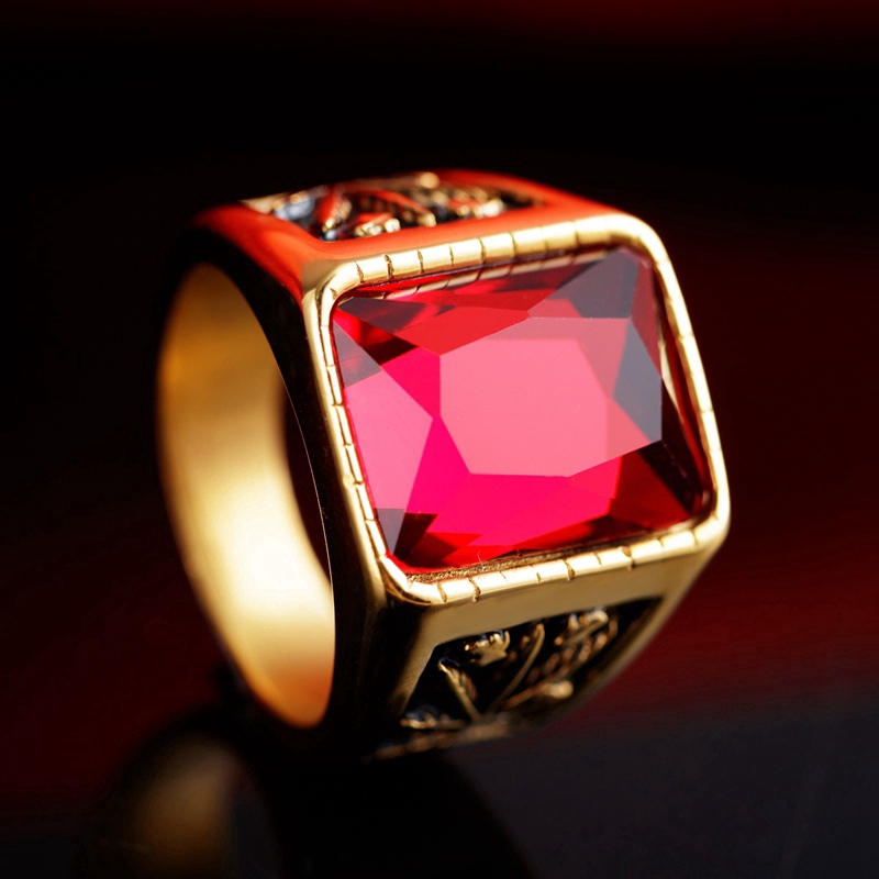 Pria Rubi Baja Titanium Merah hitam Kristal Batu permata Perhiasan Fashion Daun maple Cincin Rings