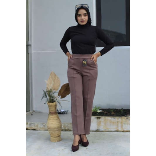 3A Fashion - Celana Standar List High Waist Scuba Premium Pinggang Full Karet