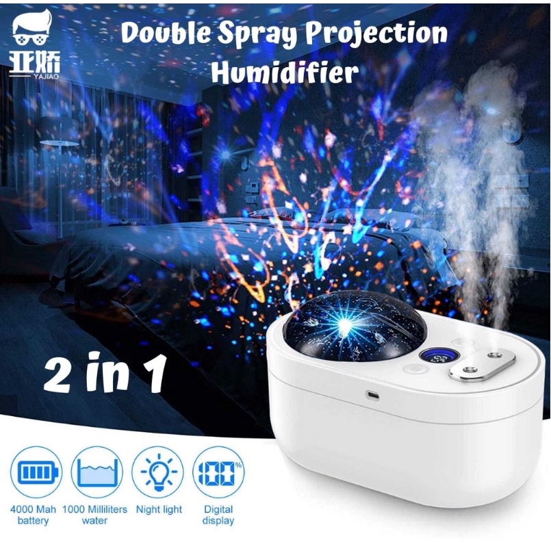 Air Humidifier 1000ml Aromatheraphy Double Spray Cool Mist 2 in 1 Proyektor Night Lamp