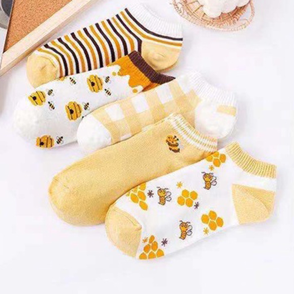 ❤GTB❤ Kaos Kaki Wanita Motif Bunga Lebah Bee Kuning Fashion Korea Women Sock Import KK002