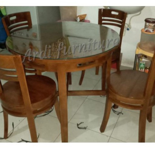 Meja makan bundar kayu jati - meja makan minimalis - meja makan 4 kursi dan kaca meja