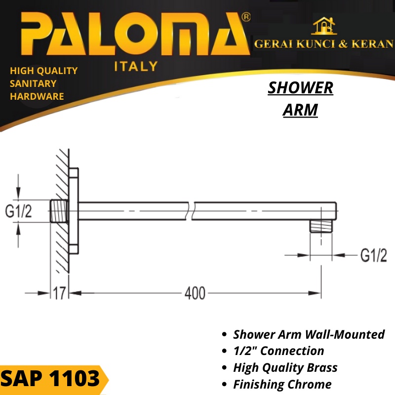 PALOMA SAP 1103 SHOWER ARM SAMBUNGAN KEPALA RAIN SHOWER BRASS CHROME