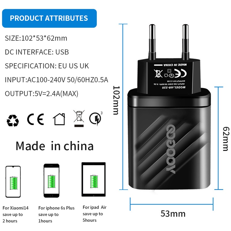 Dual-port USB2.4A Charger European Standard US Standard British Standard Fast Charge Multi-port LED Screen Digital Display