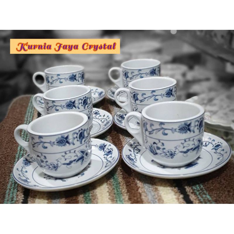 Cangkir Keramik Biru Putih set 6 dan Tatakannya/ Cangkir Keramik Birput set