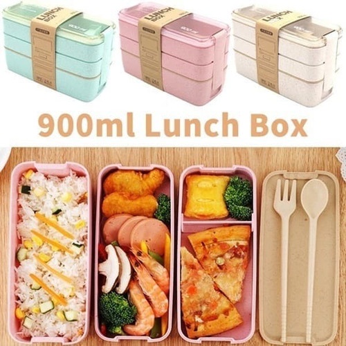 3 susun Kotak Free Cutlery Kotak Makan Baru 900ml Lunch Box Kotak 3 susun free Sendok dan garpu ( alat makan ) Gratis Cutlery Set/Anti bocor