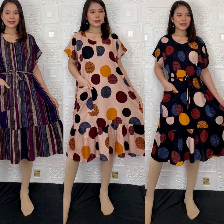 Serba murah Summer funi daster 3/4 RK rempel fit jumbo kantong tali nyatu ruffle selutut busui rayon