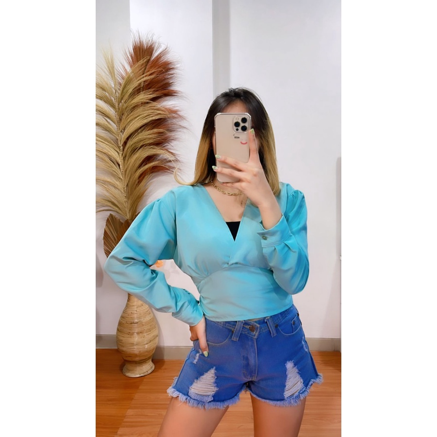 BEFAST - ZRX OOTD Wanita Blouse UMJIA / Korean Long Sleeve Crop Top Blouse Atasan Lengan Panjang / Blouse Leher V / VBlouse Kekinian Remaja Wanita / Blouse Polos Casual / Blouse Trendy / Keluaran Terbaru 2022 / Termurah